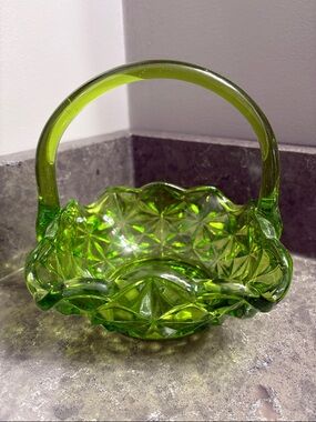 Vintage Indiana Glass Lime Green Cut-Glass Basket with Handle
